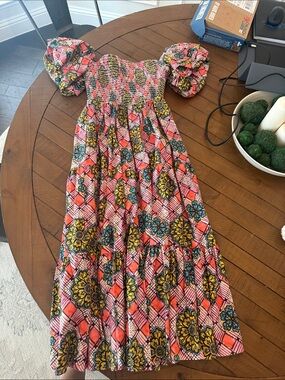 Autumn Adeigbo Pink Floral Smocked Maxi Dress with Puff Sleeves
